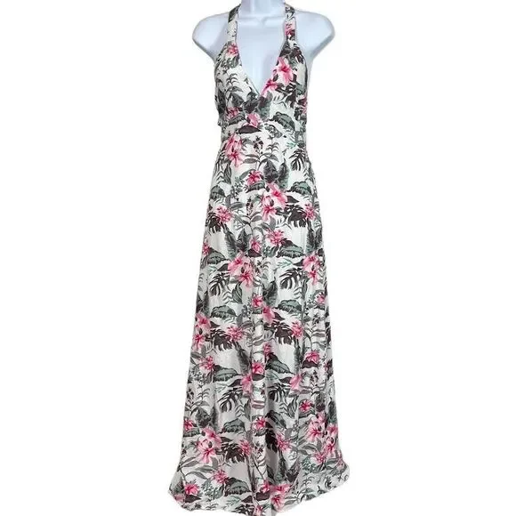 Sim & Sam Womens Pink/Gray/Green Tropical Smocked Lined V-Neck Maxi Dres… - Picture 1 of 14